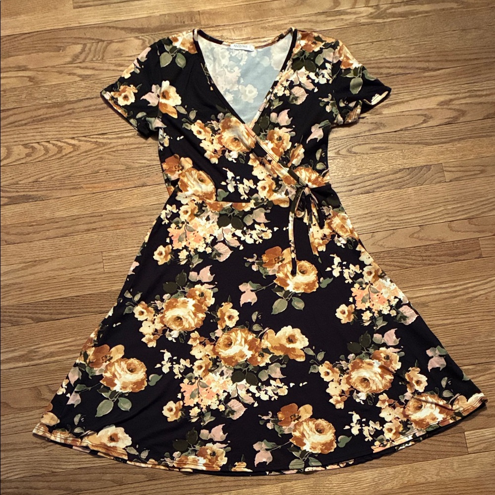 Antistar Floral Fake Wrap Midi Dress in Black and Orange Floral